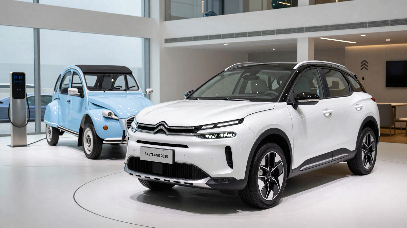 Carro elétrico branco Citroën Fastlane 2030 exibido em showroom ao lado de modelo clássico azul.