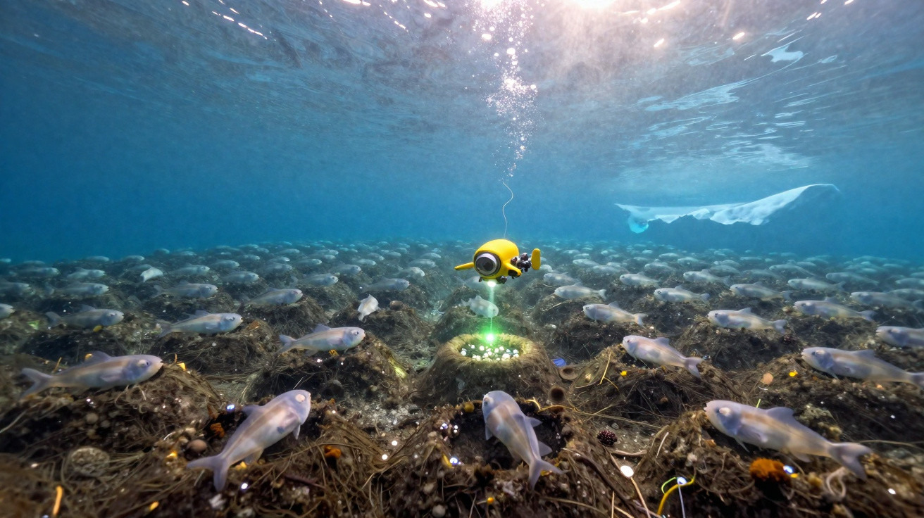 Pequeno robô subaquático amarelo explorando cardume de peixes em fundo marinho com luz verde.