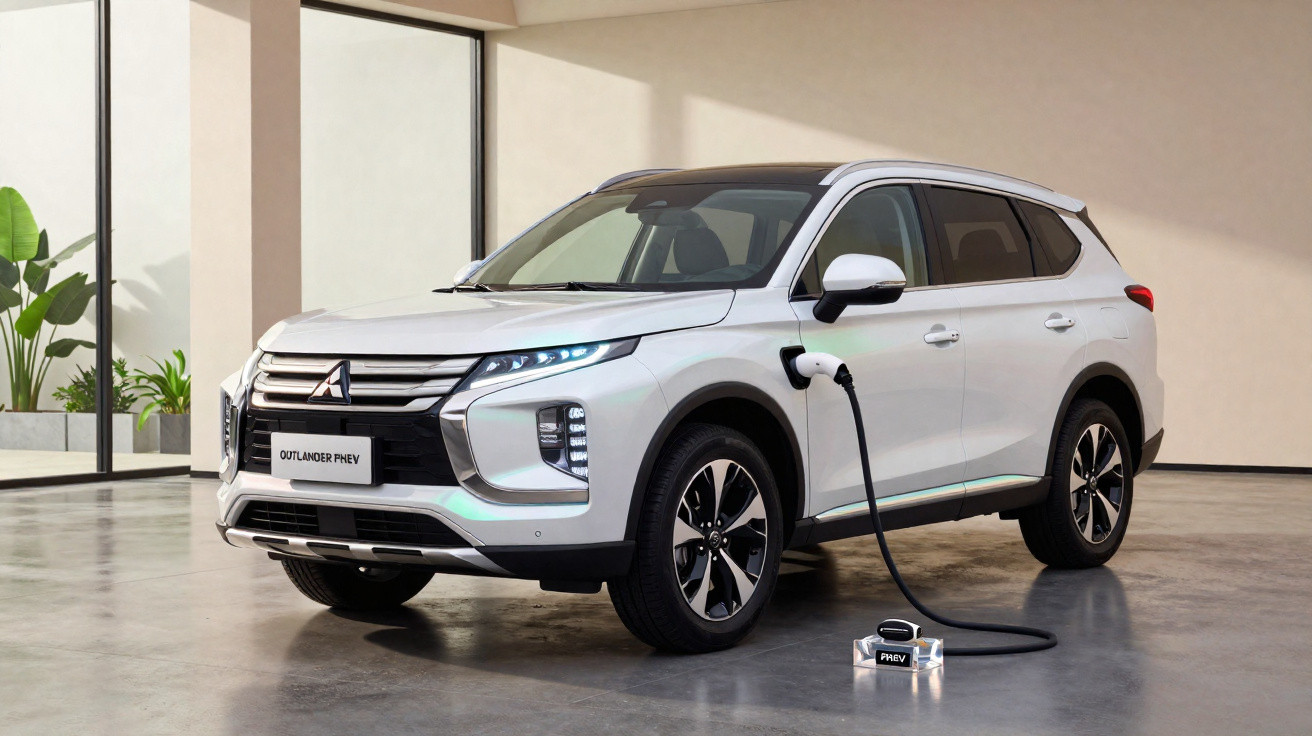 SUV branco Mitsubishi Outlander PHEV com cabo de carregamento conectado em ambiente interno moderno.