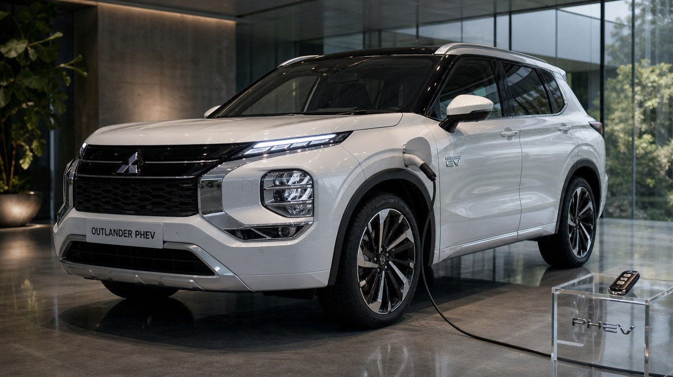 SUV elétrico Mitsubishi Outlander PHEV branco carregando energia em ambiente interno moderno.