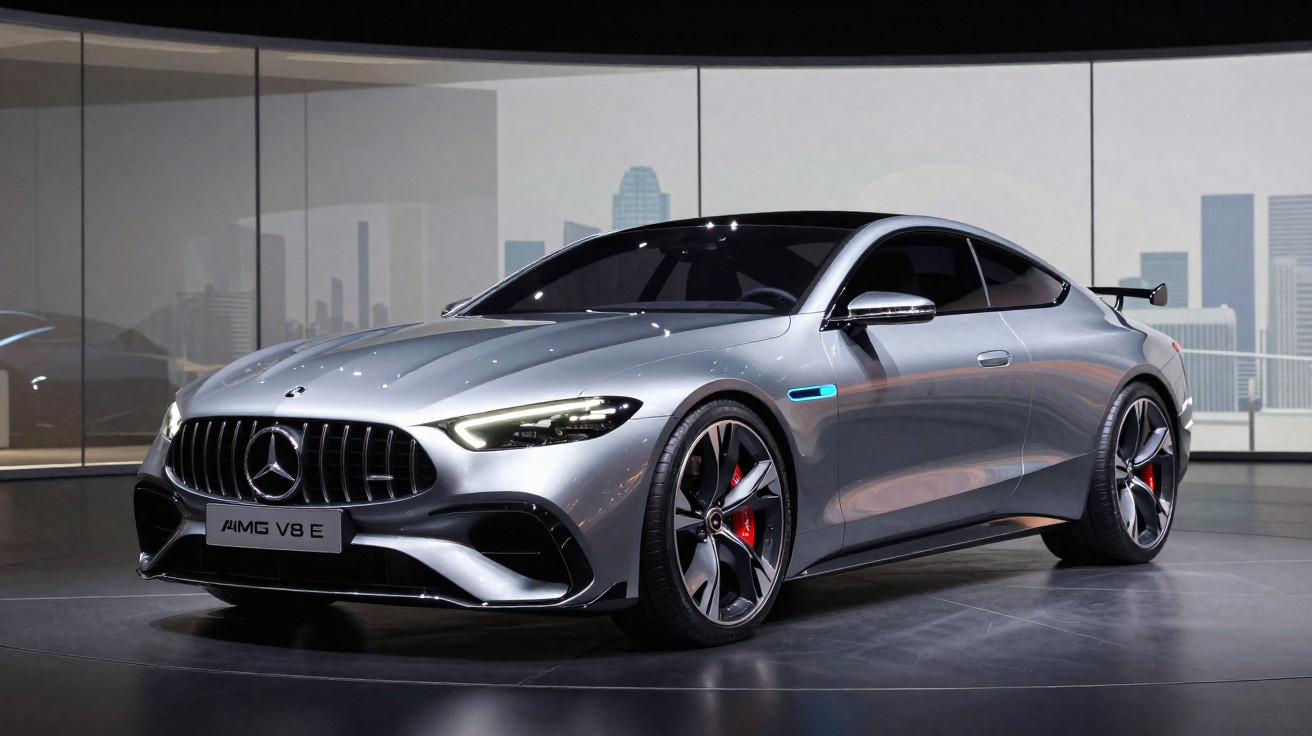 Carro esportivo Mercedes AMG V8 E cinza exposto em ambiente moderno com fundo de cidade desenhada.