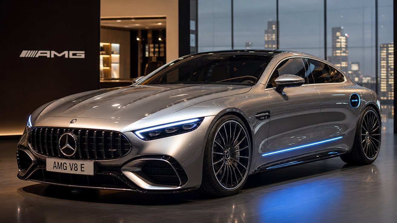 Carro esportivo Mercedes AMG V8 E prata estacionado em ambiente interno com iluminação urbana ao fundo.