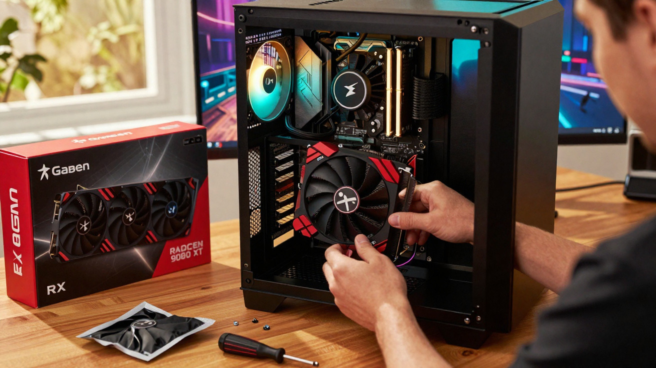 Pessoa instalando placa de vídeo em gabinete de computador numa mesa com janela ao fundo.