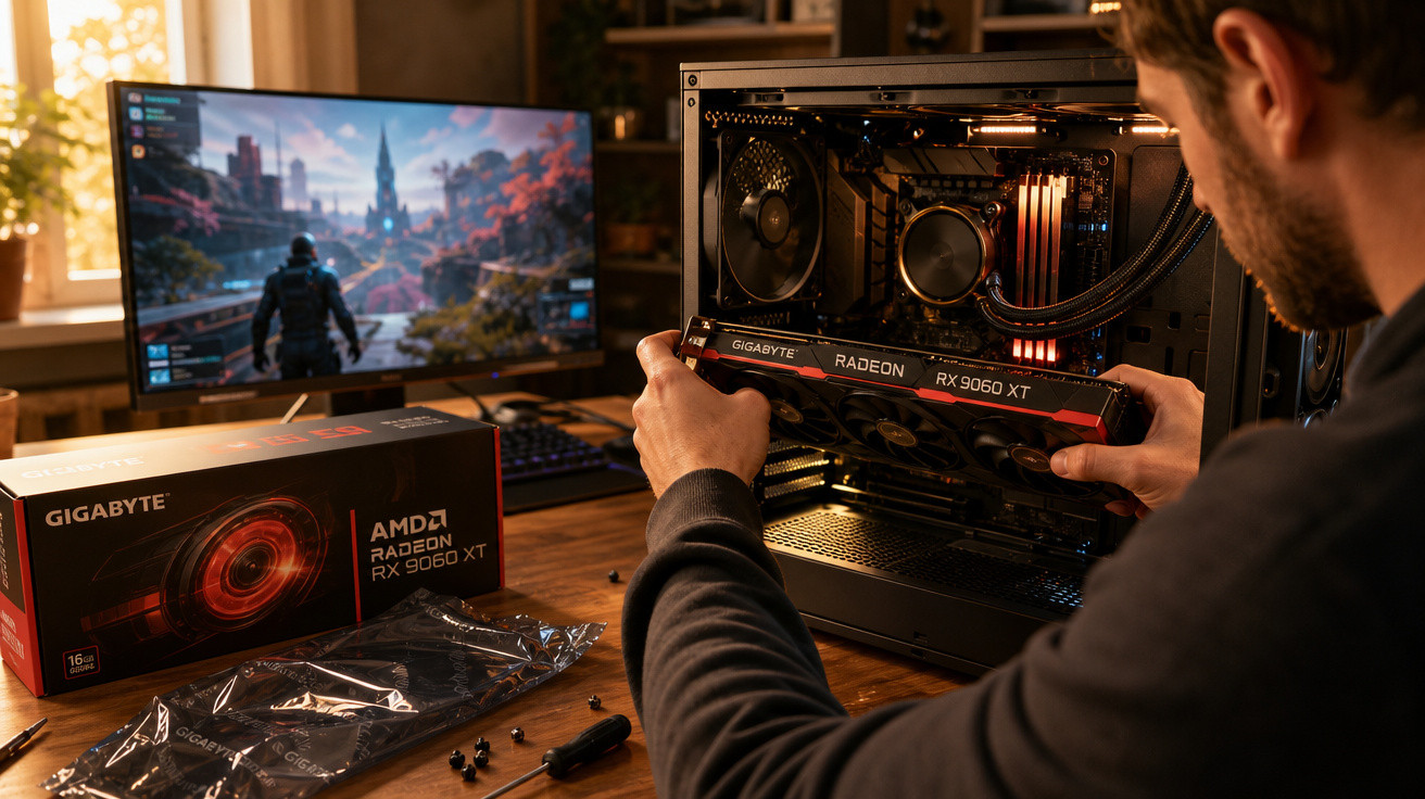 Homem instalando placa de vídeo Radeon RX 9060 XT em computador com jogo aberto na tela.