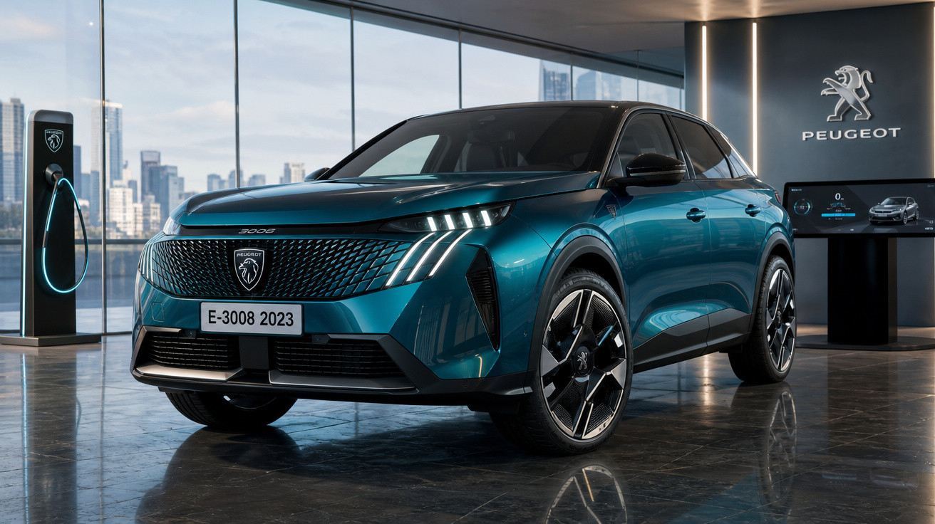 Carro elétrico Peugeot E-3008 2023 azul em showroom moderno com parede de vidro e estação de carregamento.