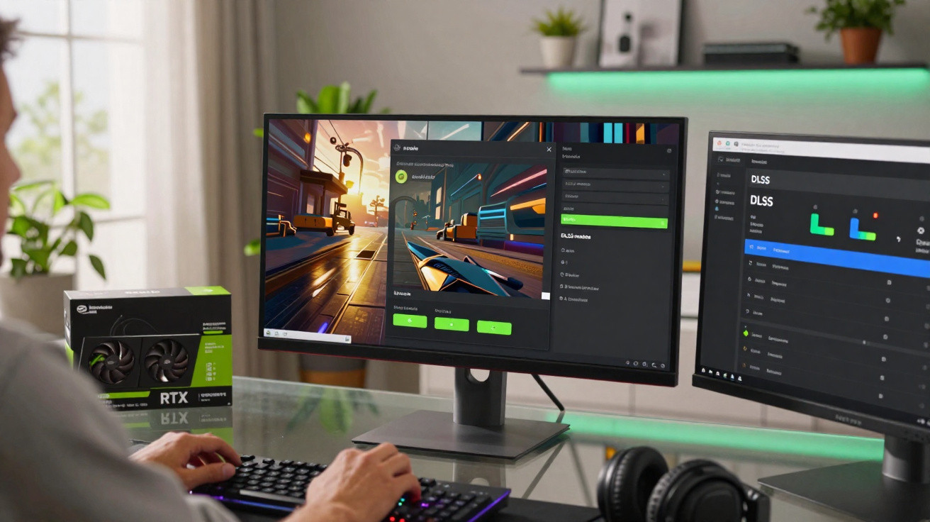 Pessoa usando computador com dois monitores, teclados e caixa de placa de vídeo RTX na mesa.