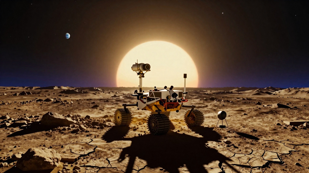 Rover explorando terreno rochoso em planeta com Sol ao fundo e Terra visível no céu escuro.