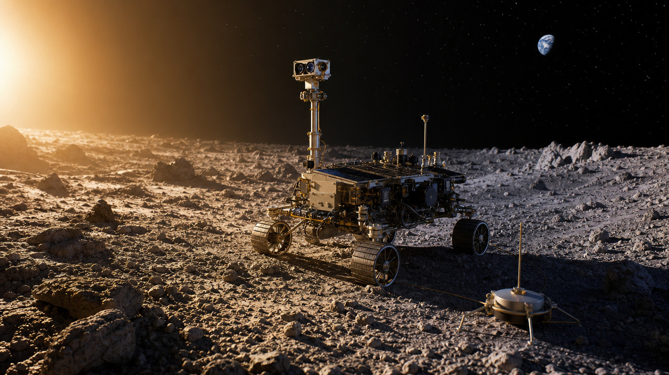 Rover explorando a superfície lunar com Terra e Sol visíveis no fundo do espaço estrelado.