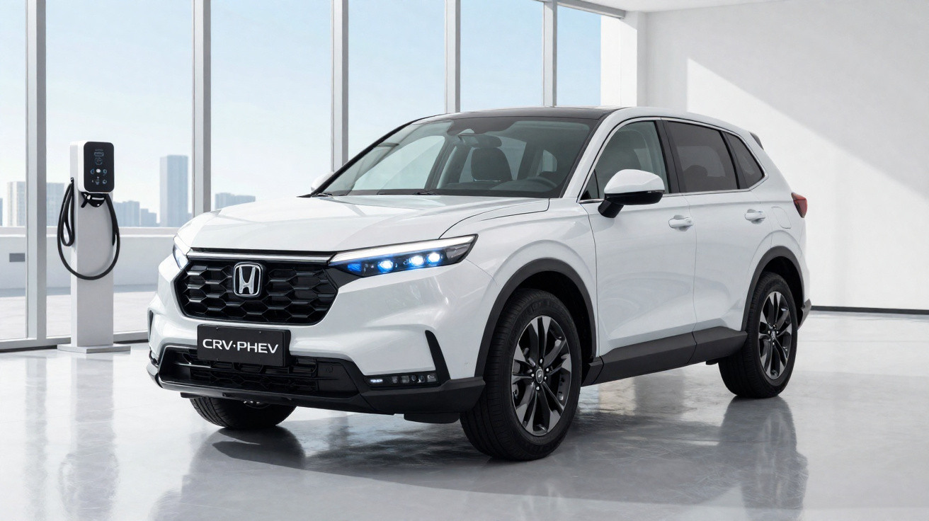 SUV branco Honda CR-V PHEV estacionado ao lado de estação de recarga em ambiente moderno e claro.