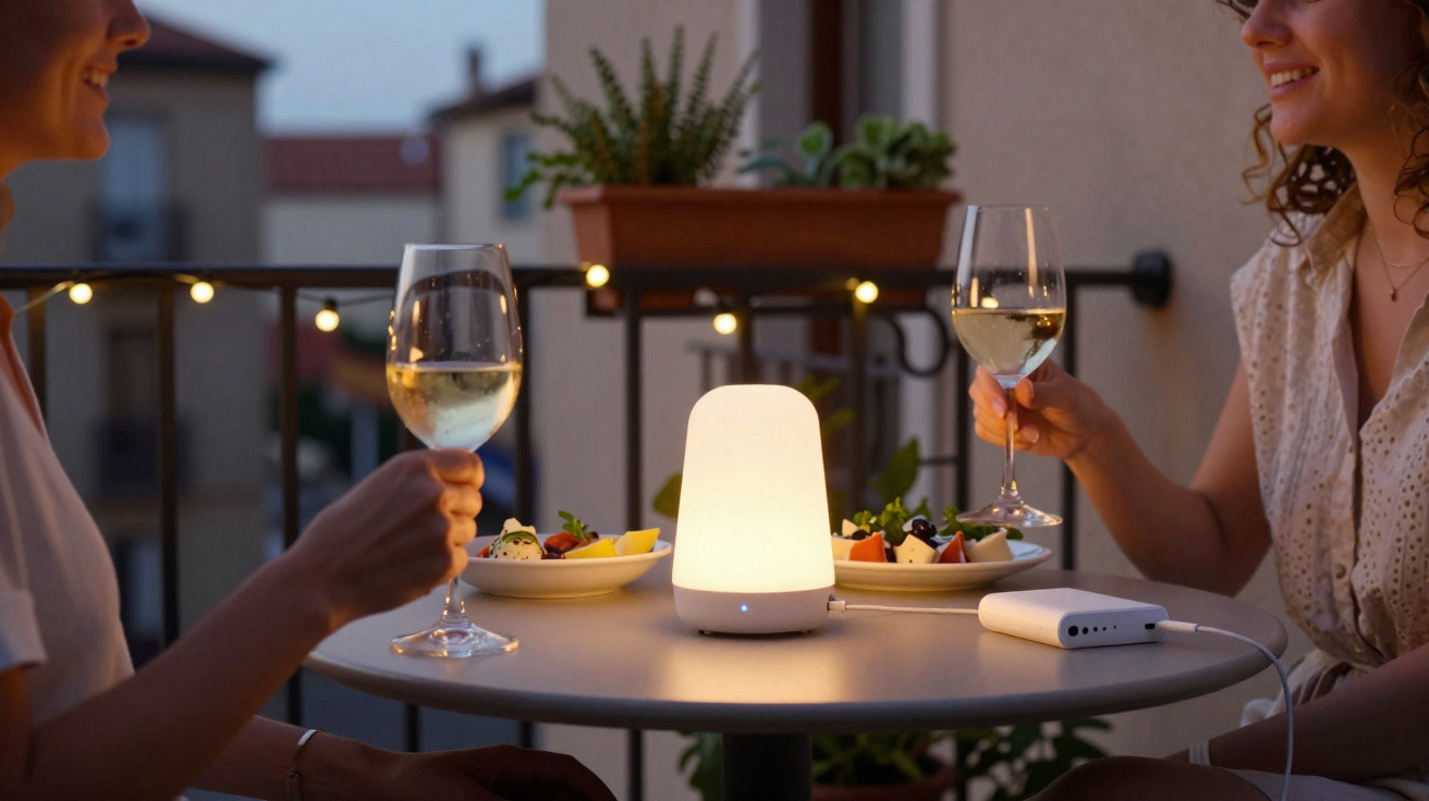 Duas pessoas brindam com vinho branco em mesa com pratos de salada e luminária acesa à noite.
