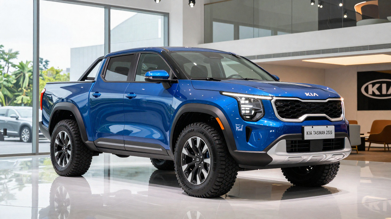 Picape azul KIA Tasman 2026 em showroom moderno com pneus grandes e faróis em LED.