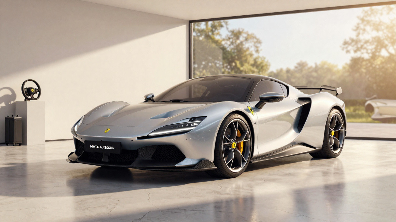 Carro esportivo prata Ferrari Natraj 2026 estacionado em ambiente moderno com luz natural.