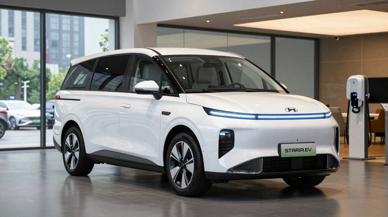 Carro elétrico branco Hyundai Staria EV estacionado em showroom moderno com parede de vidro e carregador ao fundo.