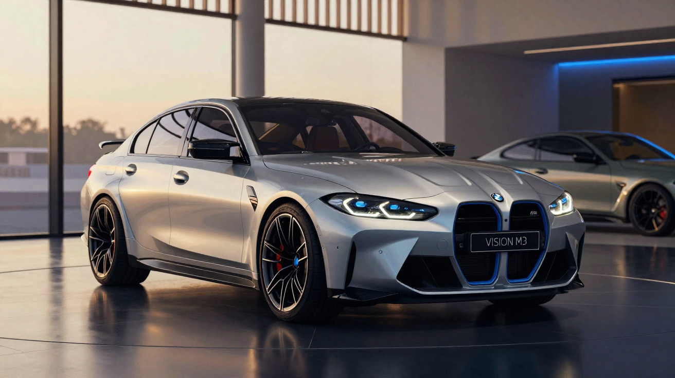 Carro BMW cinza com faróis azuis em showroom moderno com grande parede de vidro ao fundo.