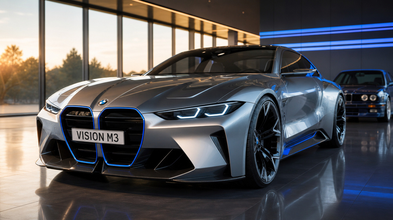 Carro esportivo BMW Vision M3 prata futurista em ambiente interno com iluminação natural e azul.