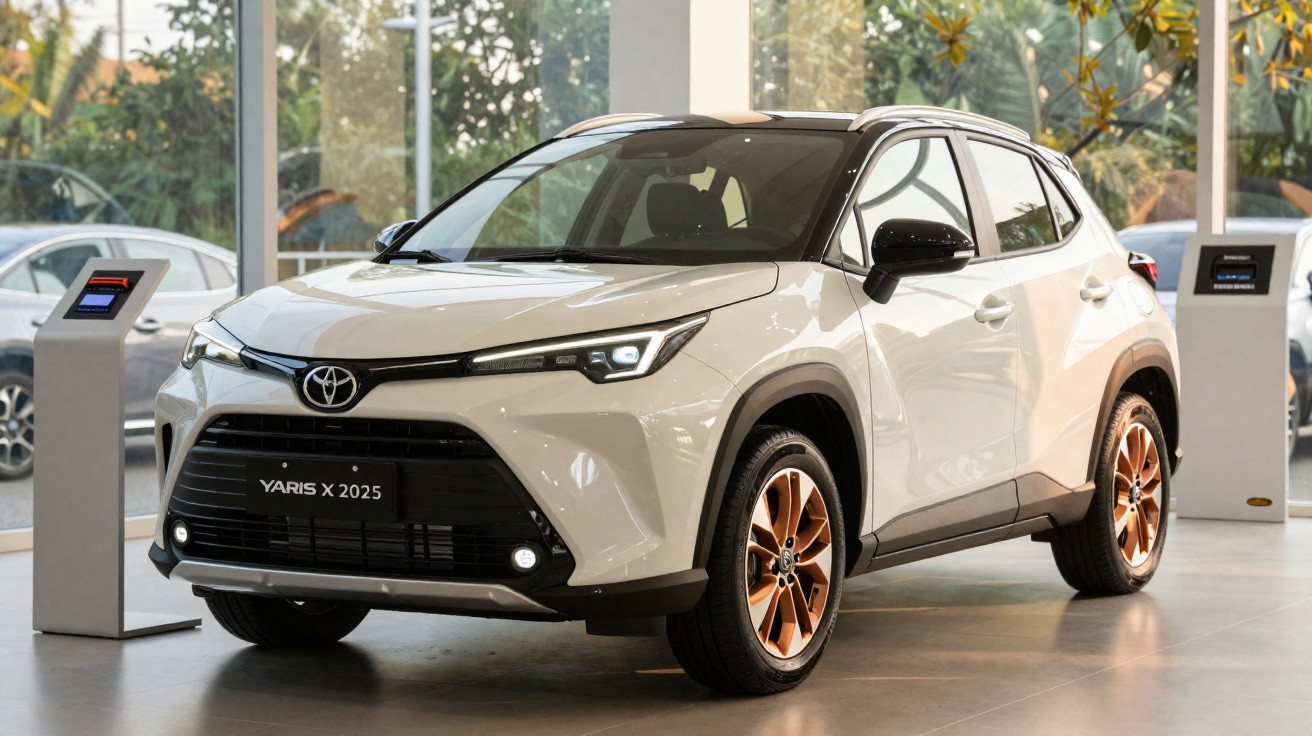 Carro Toyota Yaris X 2025 branco exposto em showroom iluminado com teto preto e rodas douradas.