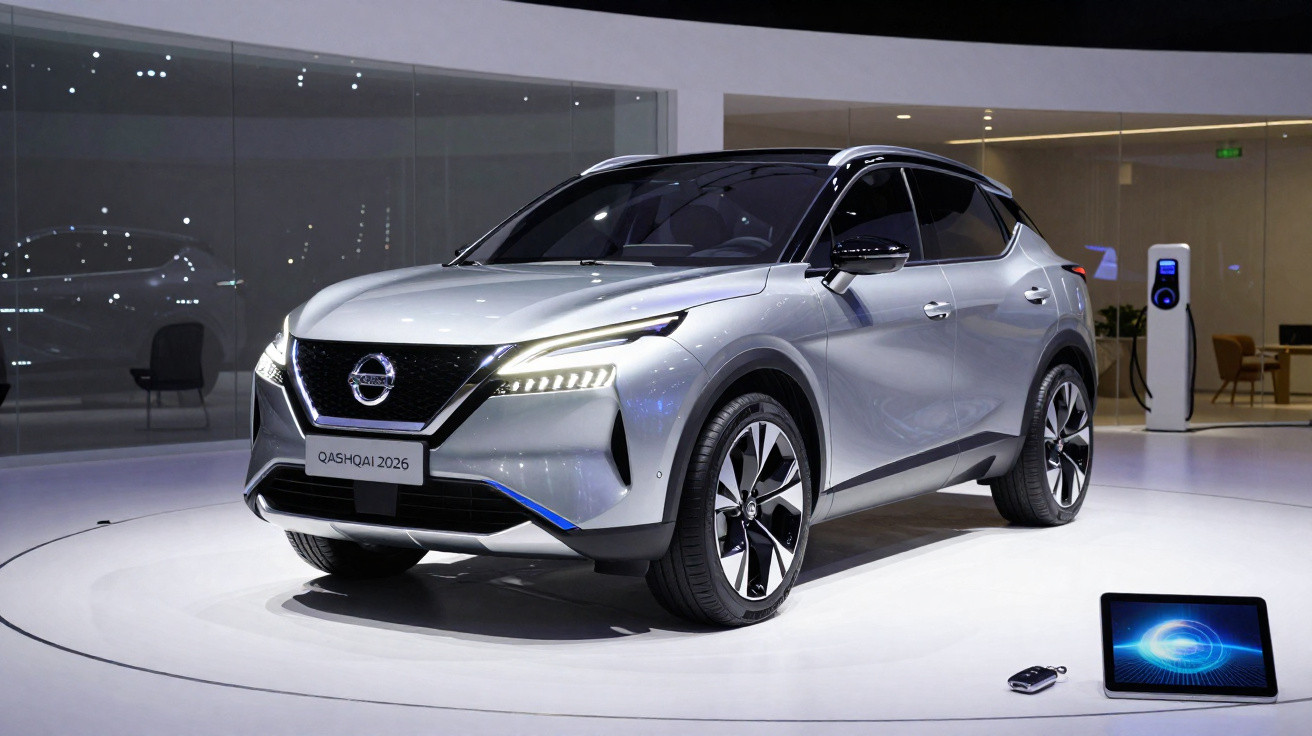 Carro SUV Nissan Qashqai 2026 prata exibido em showroom moderno com iluminação branca.