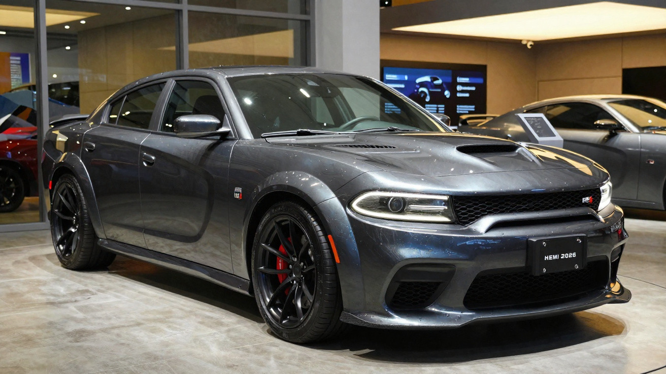 Carro esportivo cinza escuro Dodge Charger RT HEMI 2026 em exposição interna iluminada.