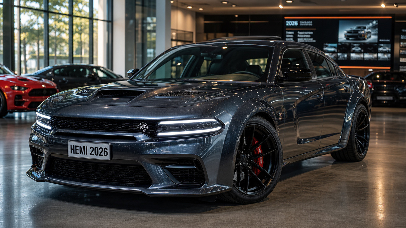 Carro esportivo cinza escuro Dodge Charger 2026 exposto em showroom com iluminação interna.