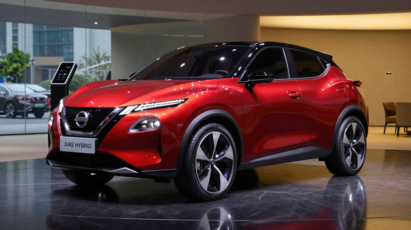 Carro Nissan Juke Hybrid vermelho exposto em ambiente interno moderno e iluminado.