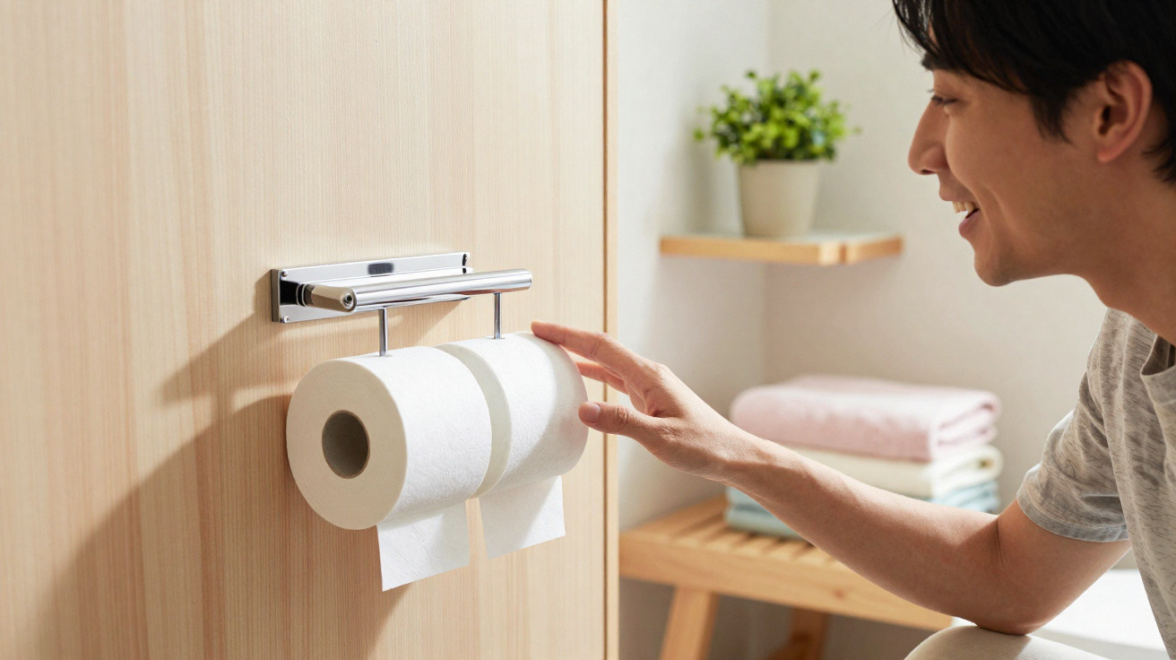 Homem alcançando um rolo de papel higiênico em suporte prateado com dois rolos na parede de banheiro.
