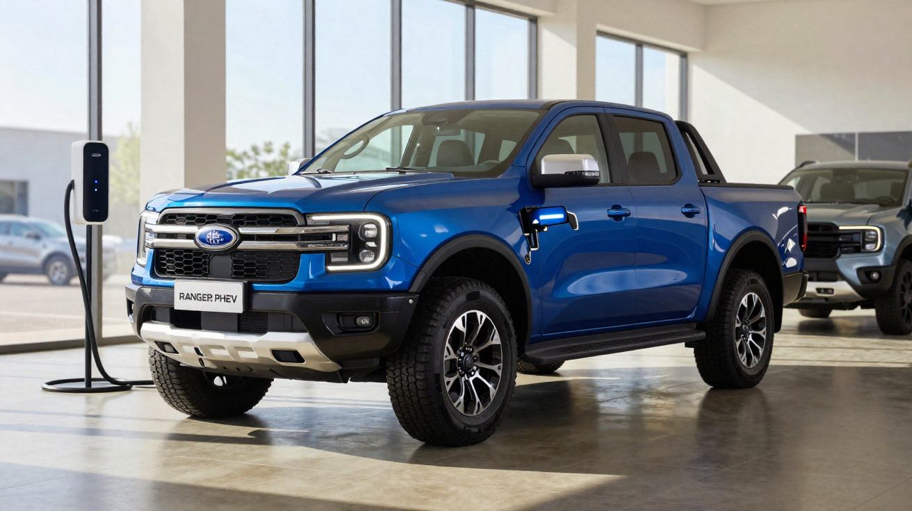 Picape azul Ford Ranger PHEV elétrica estacionada em showroom, conectada a carregador, com outra picape ao fundo.