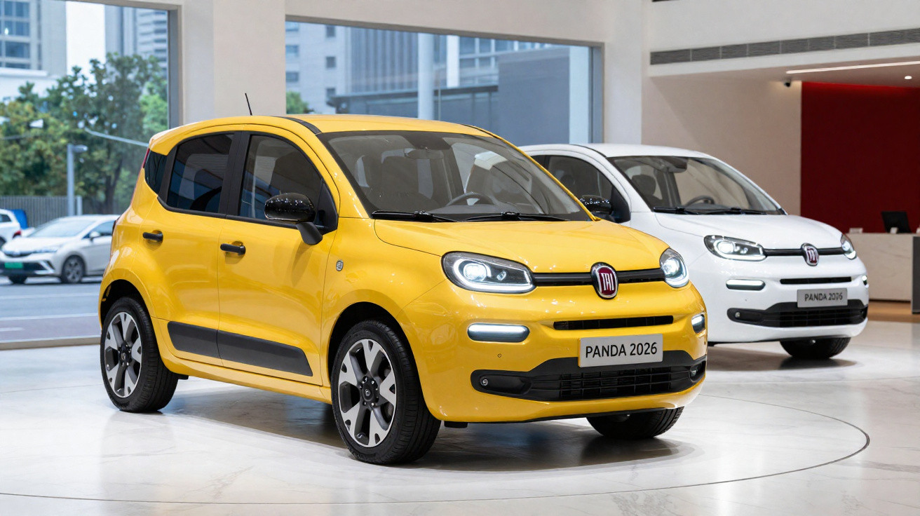 Dois carros Fiat Panda 2026, um amarelo e um branco, exibidos em showroom moderno.