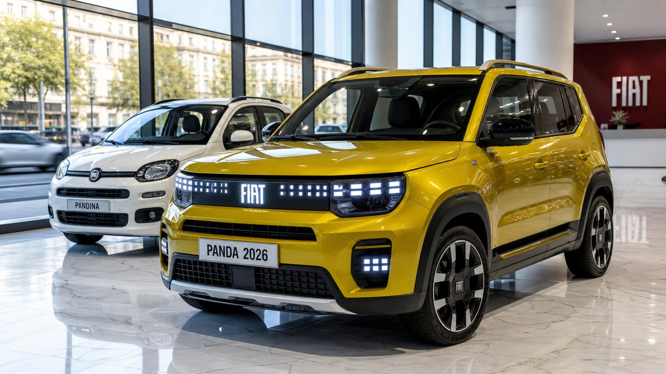 Carros Fiat Panda 2026 amarelo e Panda branca expostos em showroom moderno.