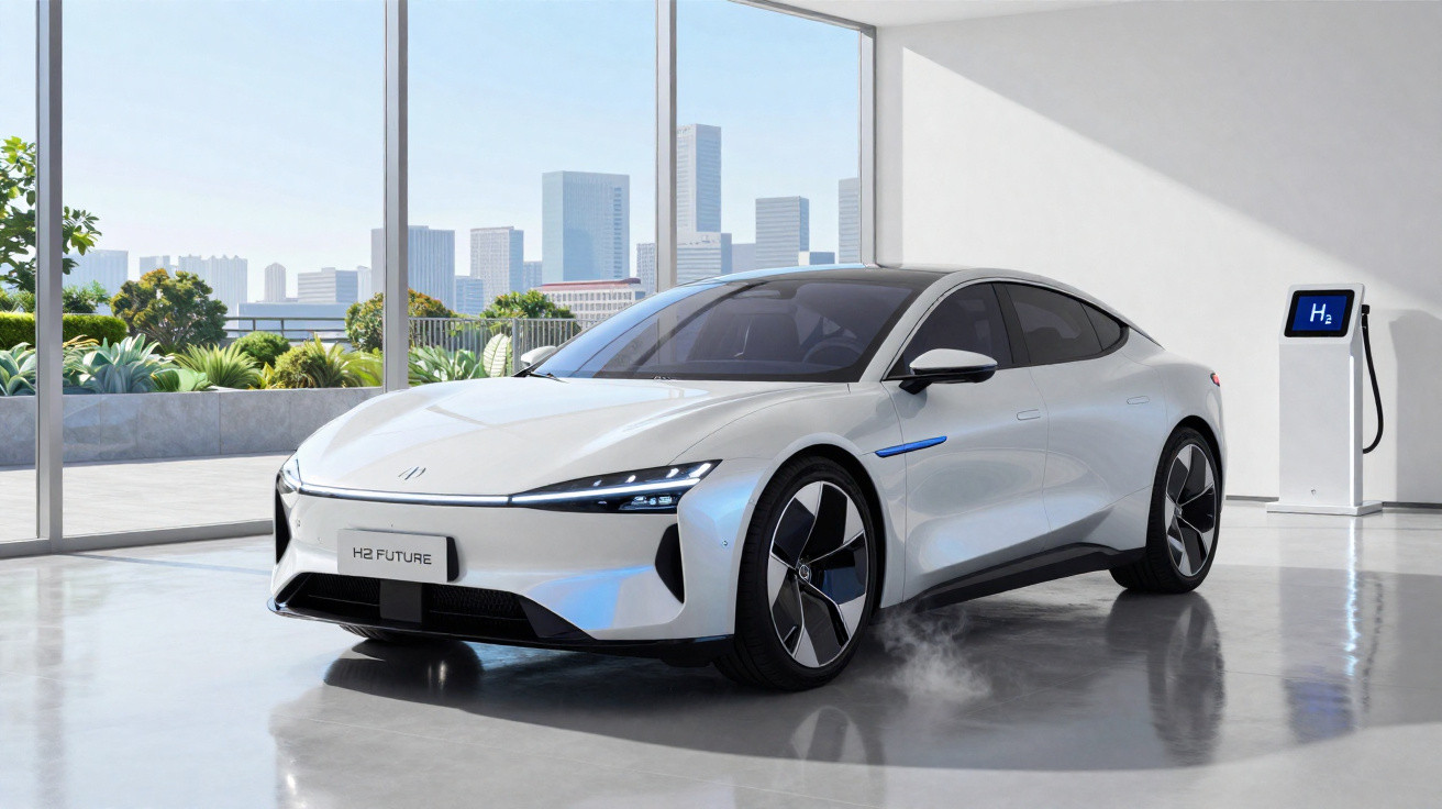 Carro elétrico branco futurista estacionado em garagem com janela grande e estação de carregamento de hidrogênio.