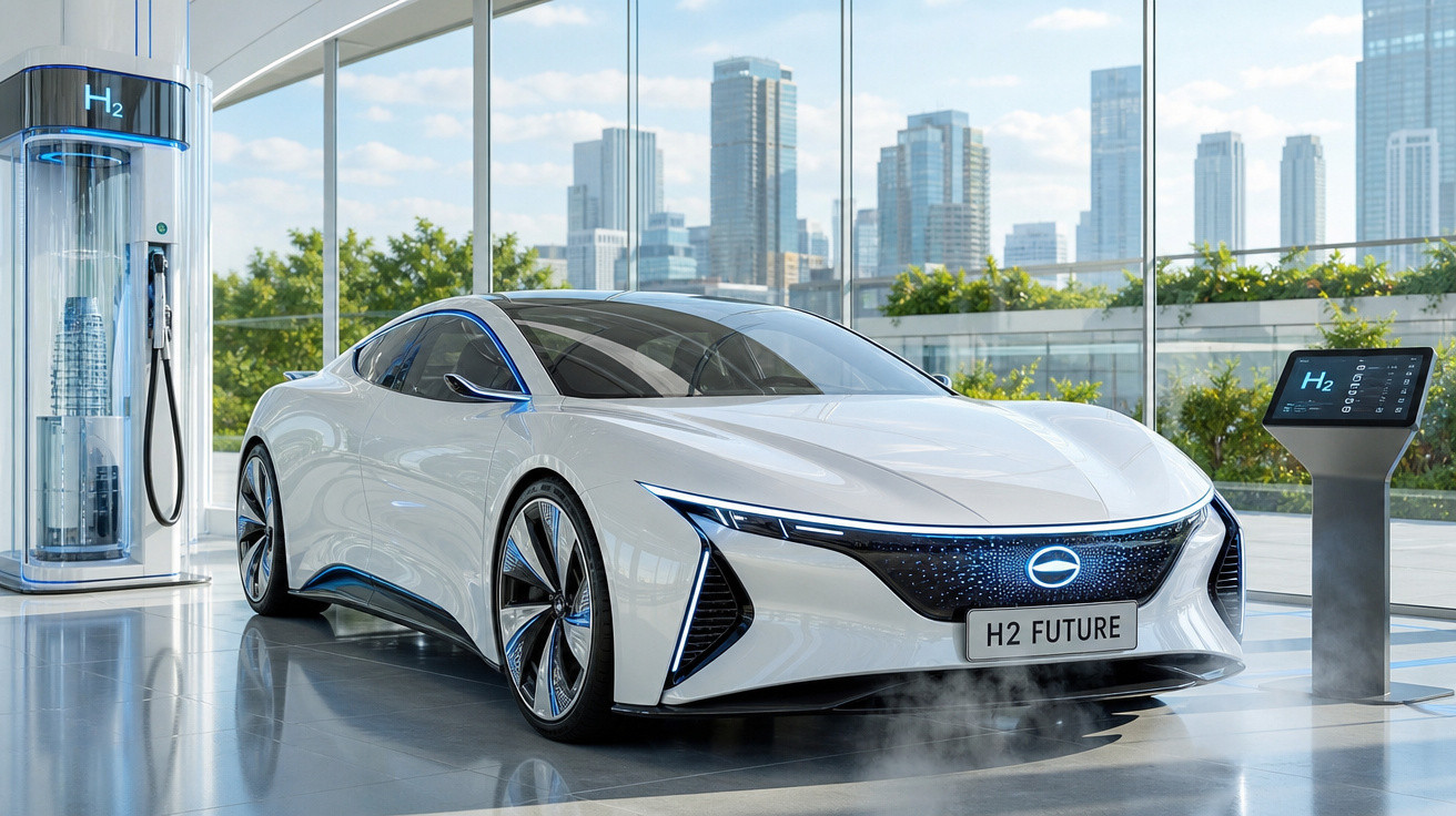 Carro futurista branco elétrico avançado em estação de recarga de hidrogênio com cidade ao fundo.