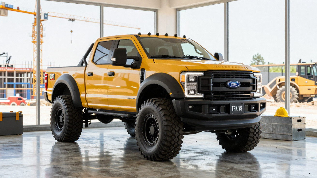 Picape amarela Ford com pneus off-road em ambiente interno de obra.