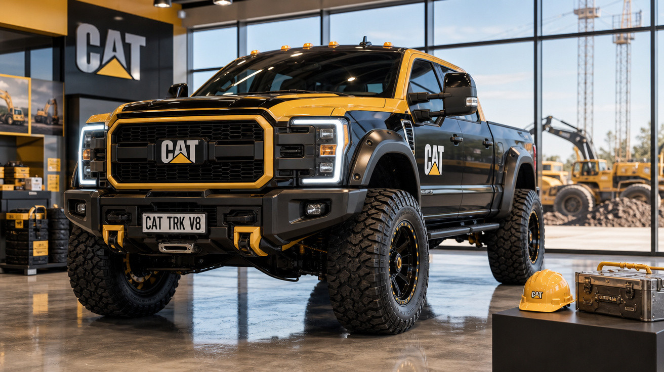 Picape preta e amarela CAT em showroom com capacete e caixa de ferramentas ao lado.