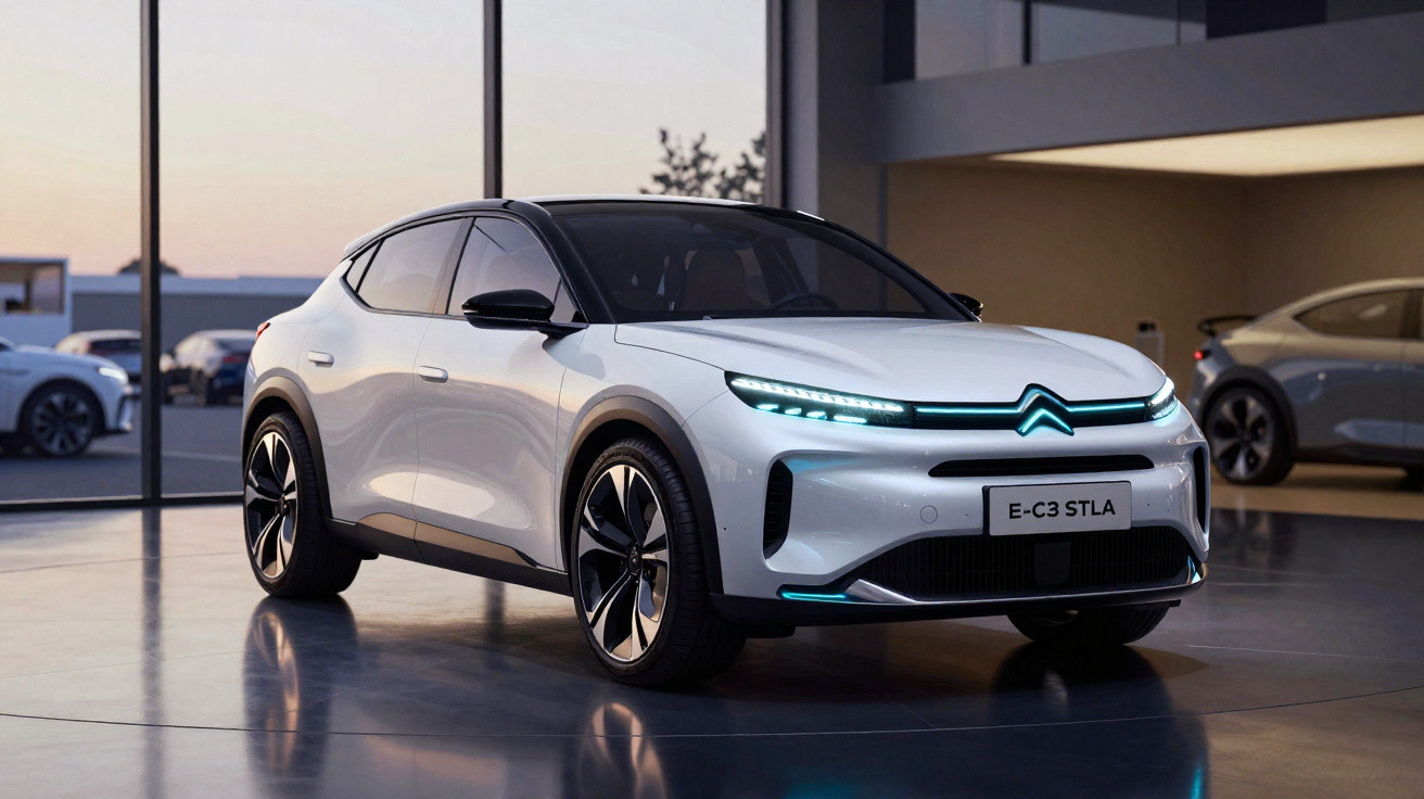 Carro elétrico Citroën E-C3 STLA branco em showroom moderno com vidro e iluminação suave ao entardecer.