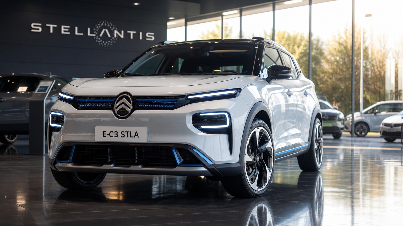 Carro elétrico Citroën E-C3 STLA branco em showroom da Stellantis, com iluminação natural e ambiente moderno.