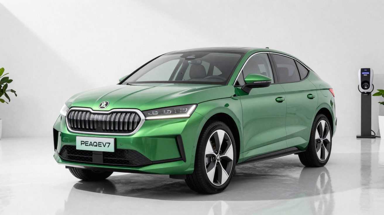Carro elétrico verde metálico Skoda Enyaq coupe estacionado em ambiente branco com estação de recarga.