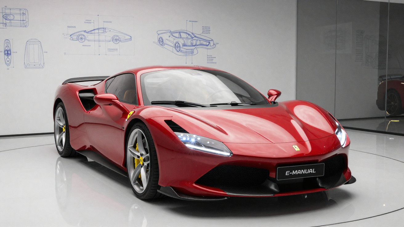 Carro esportivo vermelho Ferrari com faróis acesos em exposição, com desenhos técnicos de automóveis ao fundo.