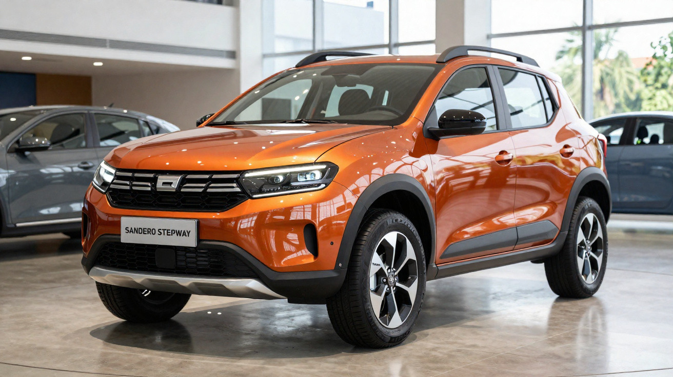 Carro SUV laranja Sandero Stepway em exposição dentro de concessionária moderna.