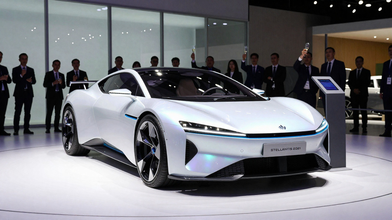 Carro esportivo branco futurista em exposição com grupo de pessoas ao fundo em ambiente interno.