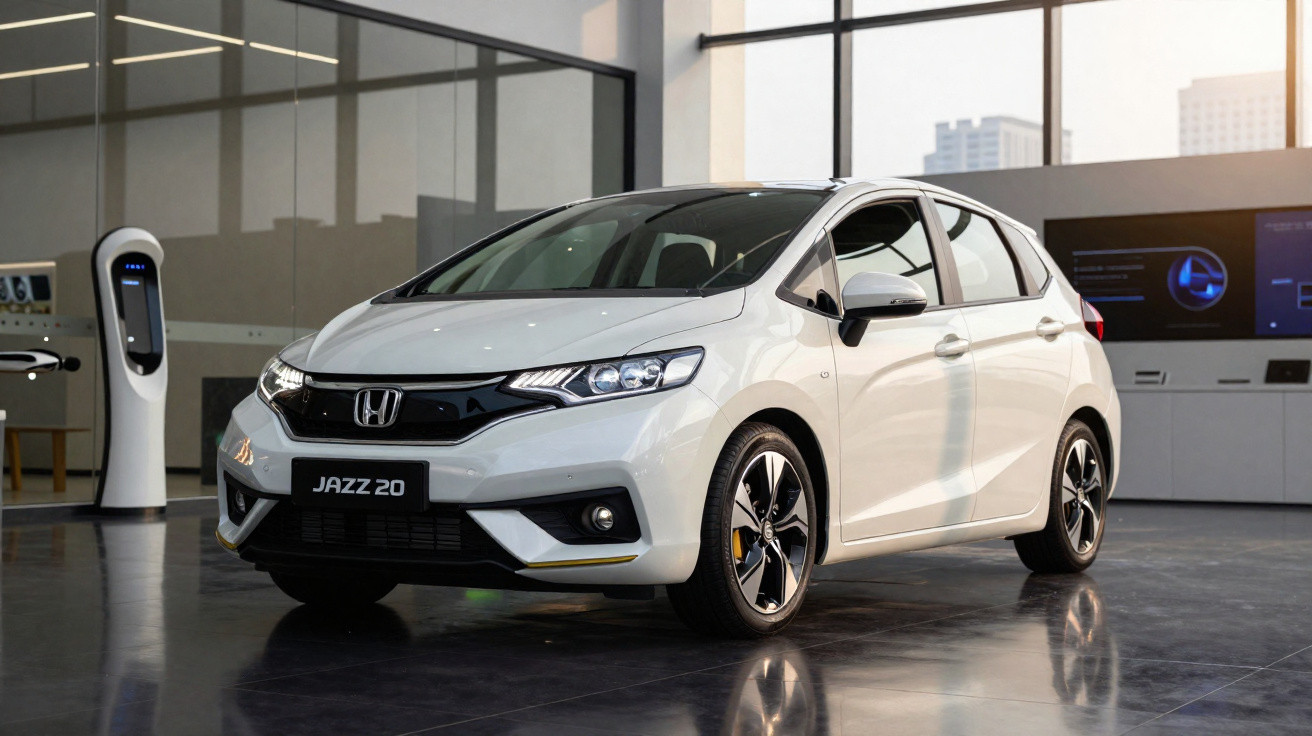 Carro branco Honda Jazz 2.0 em exposição dentro de showroom moderno com piso refletivo.
