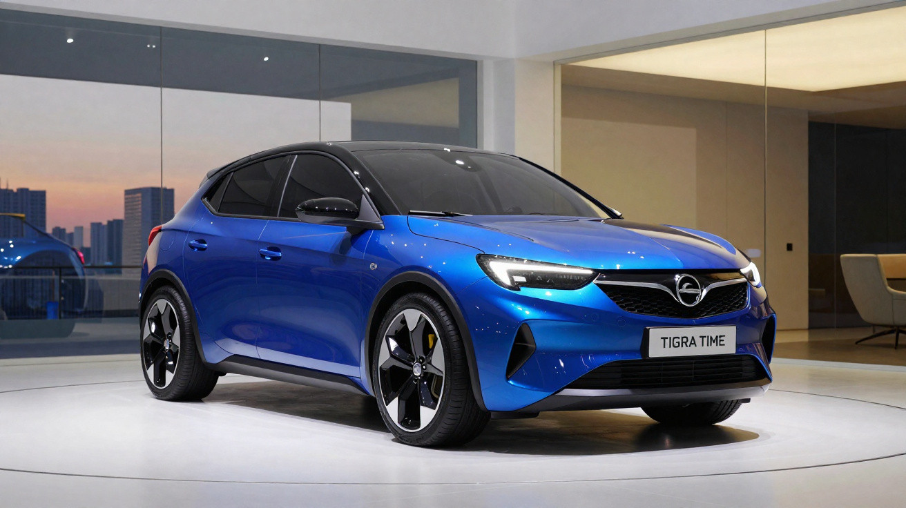Carro hatchback azul Opel Tigra Time exibido em ambiente interno moderno com fundo de vidro e cadeiras.