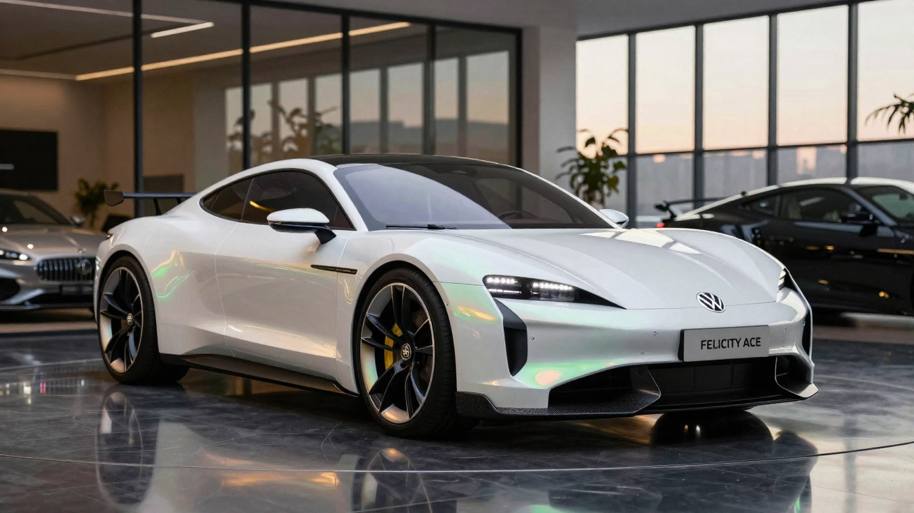 Carro esportivo branco Felicity Ace estacionado em showroom moderno com grandes janelas e iluminação interna.