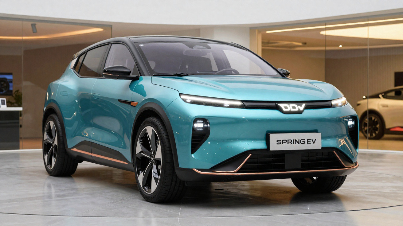 Carro elétrico DDV Spring EV azul com design moderno exibido em ambiente interno.