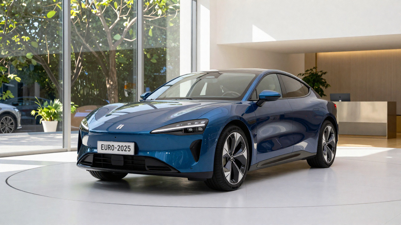 Carro elétrico azul moderno em exposição dentro de showroom com plantas e recepção ao fundo.