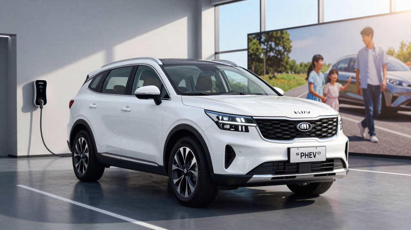 SUV branco Kia plugado em carregador elétrico em ambiente interno, com painel apresentando família ao fundo.