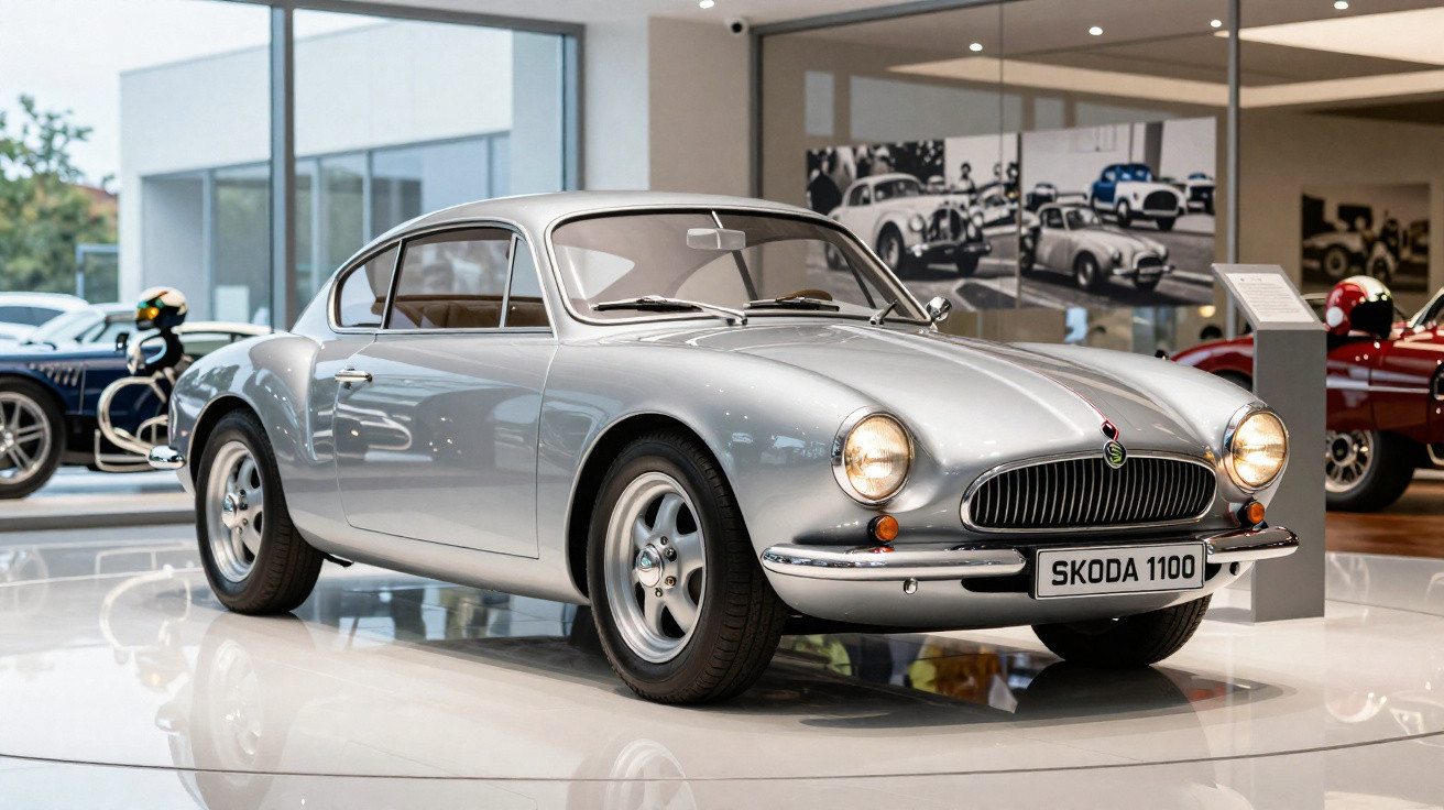 Carro clássico cinza Skoda 1100 em exposição em museu de automóveis.