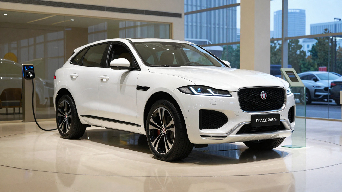 Carro elétrico branco Jaguar F-Pace P550e carregando em showroom moderno.