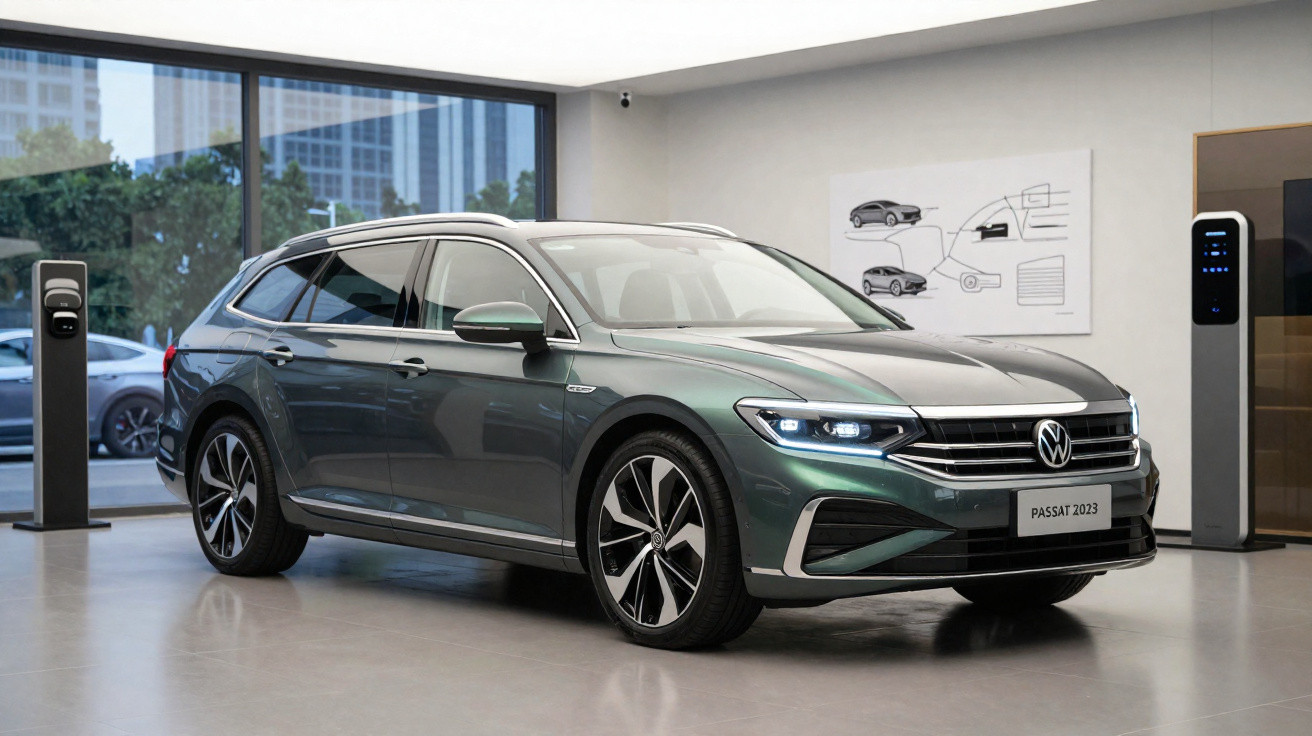 Carro Volkswagen Passat 2023 na cor verde metálico em showroom moderno com cargador elétrico ao fundo.