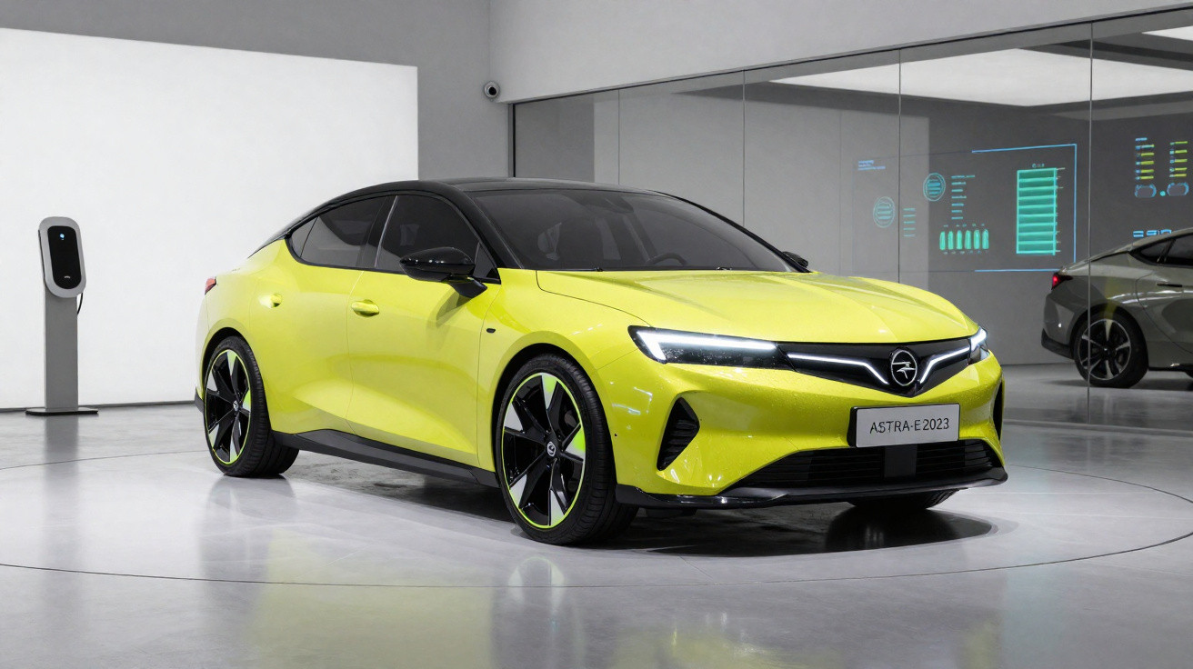 Carro elétrico esportivo amarelo modelo Astra-e 2023 em showroom moderno com carregador ao fundo.