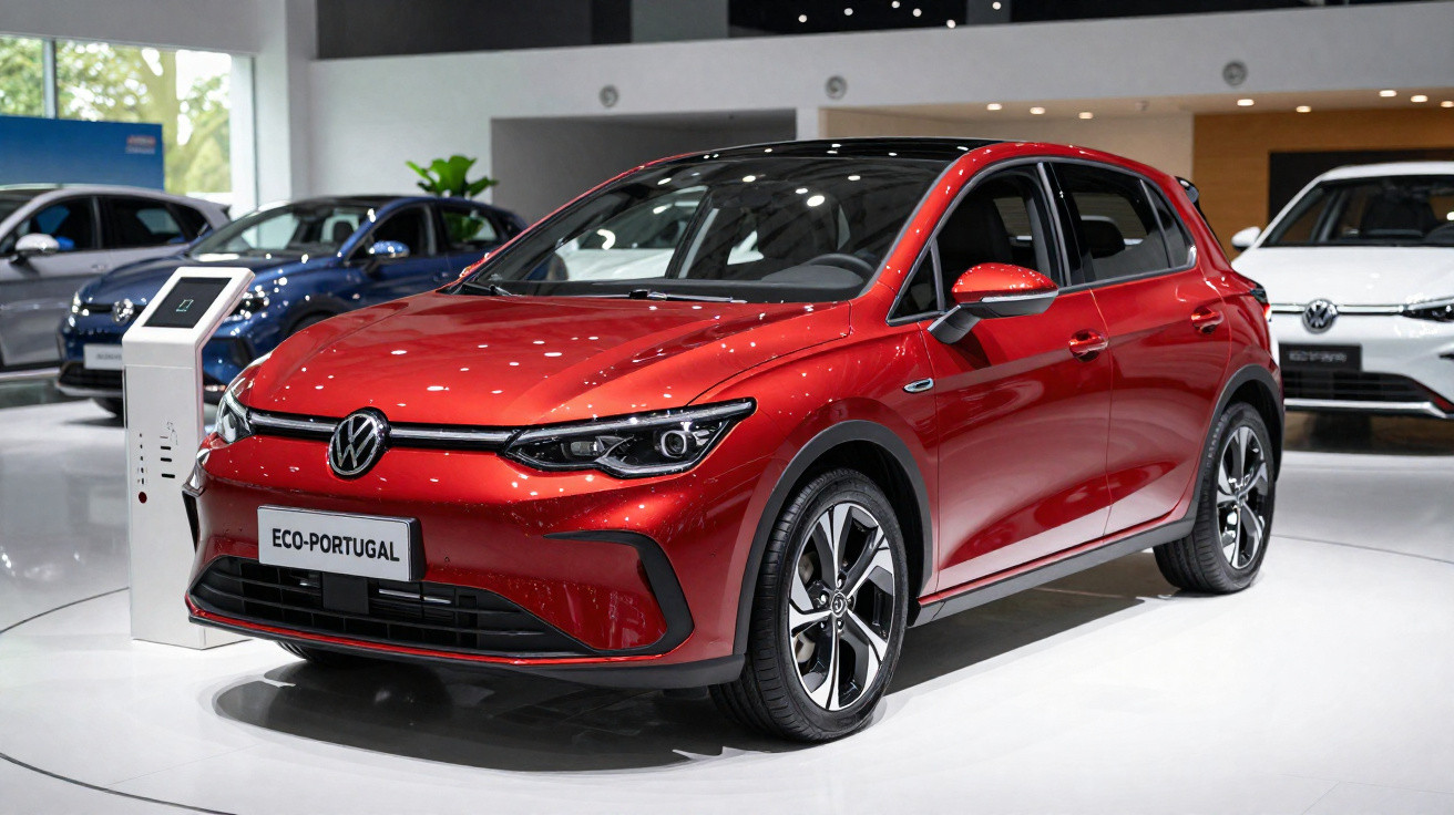Carro Volkswagen vermelho modelo hatch exibido em showroom moderno com outros veículos ao fundo.