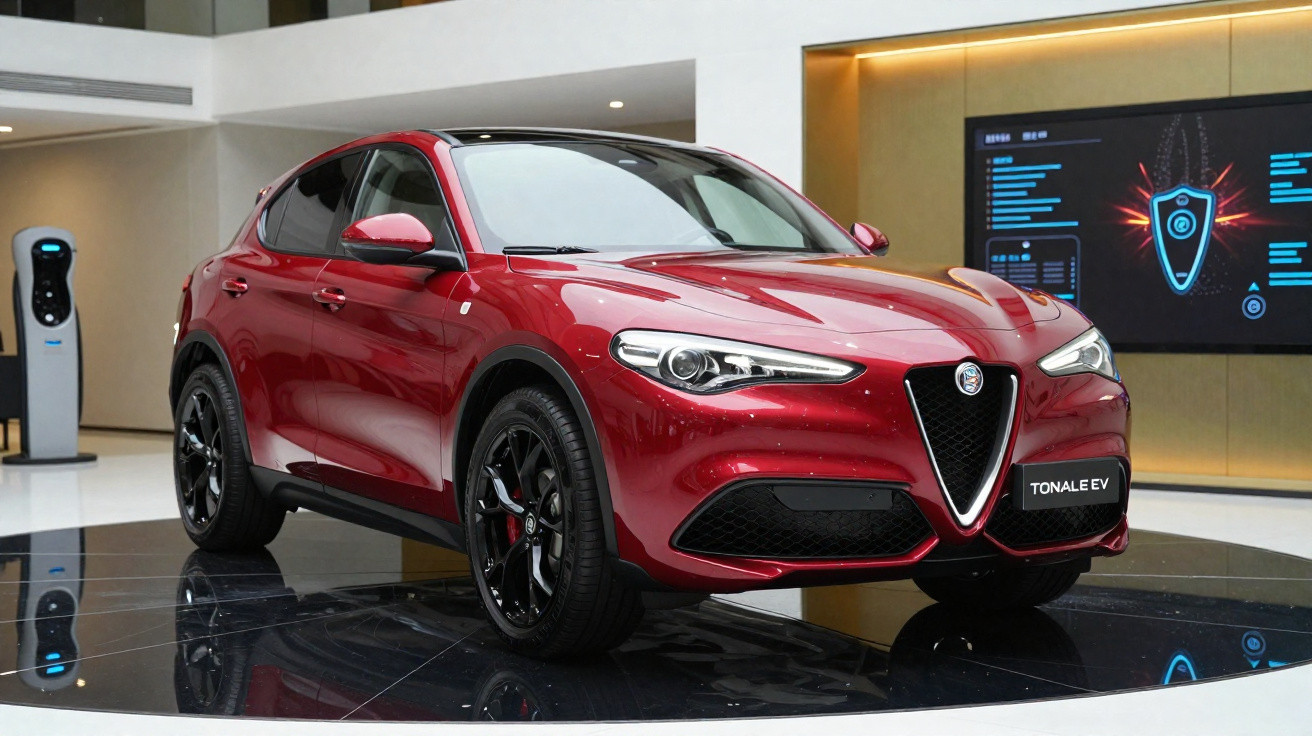 Carro elétrico Alfa Romeo Tonale EV vermelho exibido em salão interno moderno.